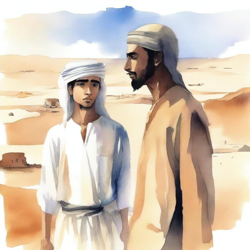 This is a high-quality watercolor illustration for Chapter 1, 'The Sands of Destiny'