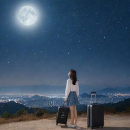 A girl in South Korea with her luggage, looking up to a sky filled with numerous stars and a prominently glowing moon.