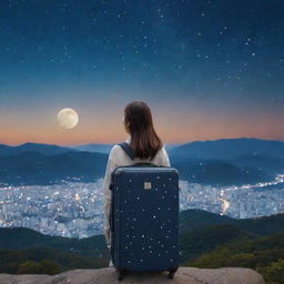 A girl in South Korea with her luggage, looking up to a sky filled with numerous stars and a prominently glowing moon.