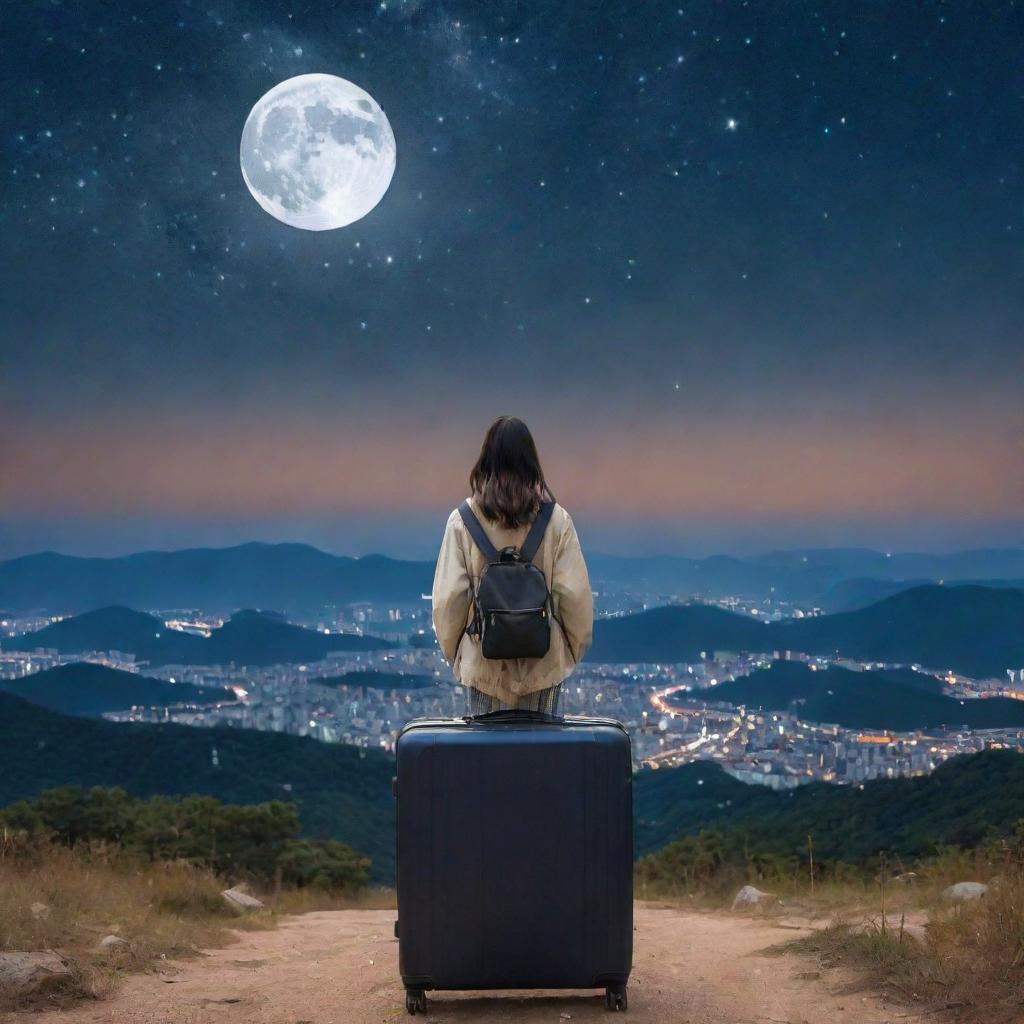 A girl in South Korea with her luggage, looking up to a sky filled with numerous stars and a prominently glowing moon.