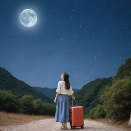 A girl in South Korea with her luggage, looking up to a sky filled with numerous stars and a prominently glowing moon.