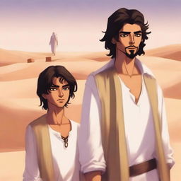 This is a modern, high-quality digital art illustration for Chapter 1, 'The Sands of Destiny'