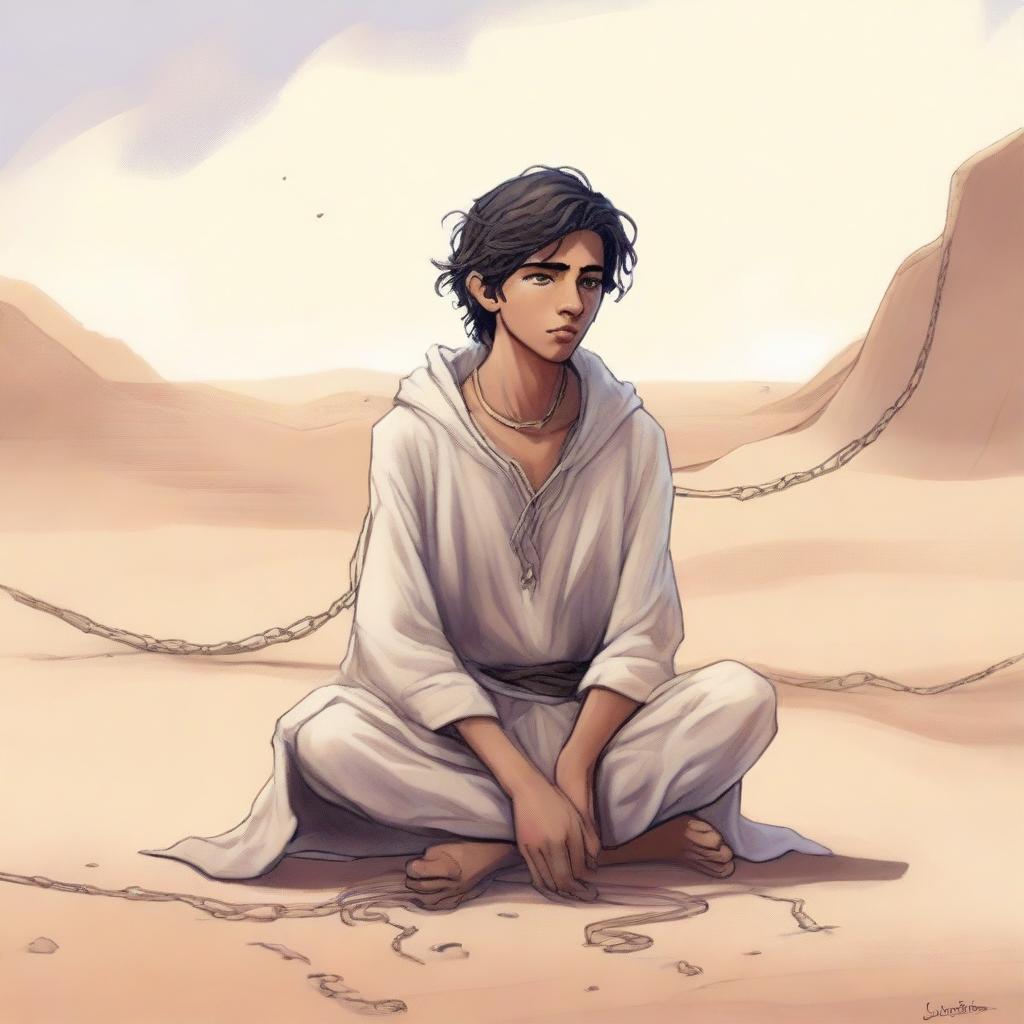 A high-quality digital art illustration for Chapter 1, 'The Sands of Destiny,' is presented with a contemporary touch