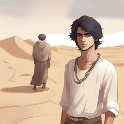 A high-quality digital art illustration for Chapter 1, 'The Sands of Destiny,' is presented with a contemporary touch