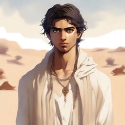 This is a high-quality digital art illustration for Chapter 1, 'The Sands of Destiny'