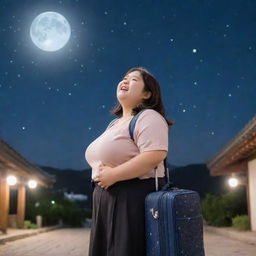 A joyful, chubby girl in South Korea with her luggage, looking upwards at a night sky adorned by countless stars and a radiant moon.