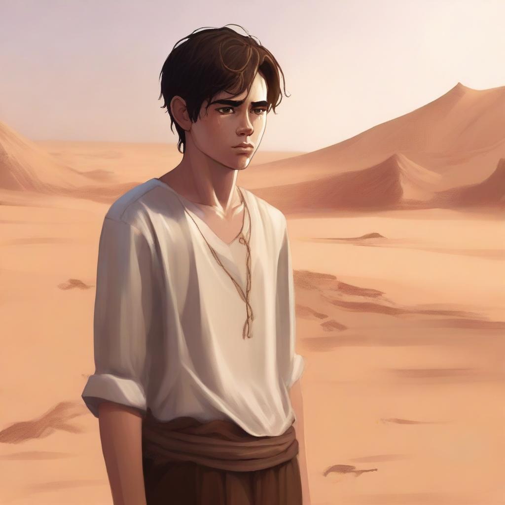This is a high-quality digital art illustration for Chapter 1, 'The Sands of Destiny'