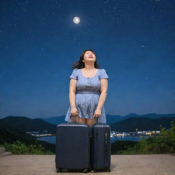 A joyful, chubby girl in South Korea with her luggage, looking upwards at a night sky adorned by countless stars and a radiant moon.