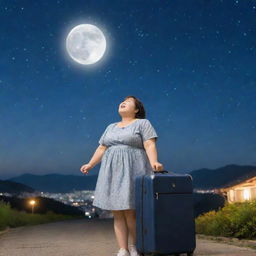 A joyful, chubby girl in South Korea with her luggage, looking upwards at a night sky adorned by countless stars and a radiant moon.