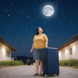 A joyful, chubby girl in South Korea with her luggage, looking upwards at a night sky adorned by countless stars and a radiant moon.