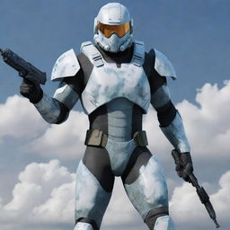 Generate an image of a 'Cloud Commando', a futuristic soldier suited in cutting-edge, cloud-inspired camouflage gear ready for aerial or celestial combat.