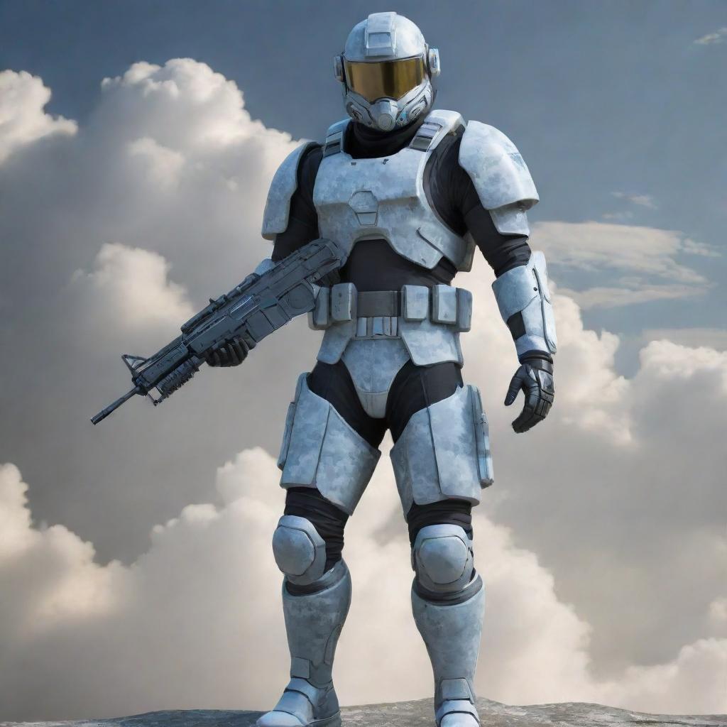 Generate an image of a 'Cloud Commando', a futuristic soldier suited in cutting-edge, cloud-inspired camouflage gear ready for aerial or celestial combat.