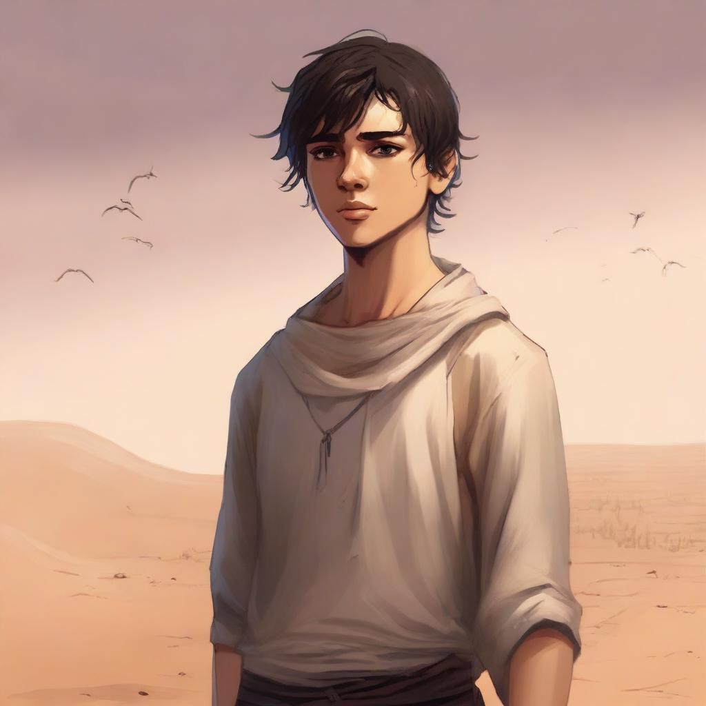 This is a high-quality digital art illustration for Chapter 1, 'The Sands of Destiny'