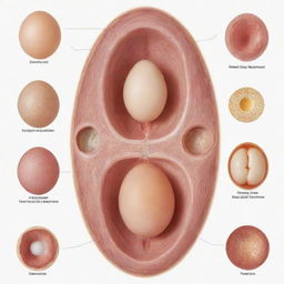 An anatomy diagram illustrating human reproduction, focusing on the scientific progression from egg fertilization to zygote development and eventually foetal growth.