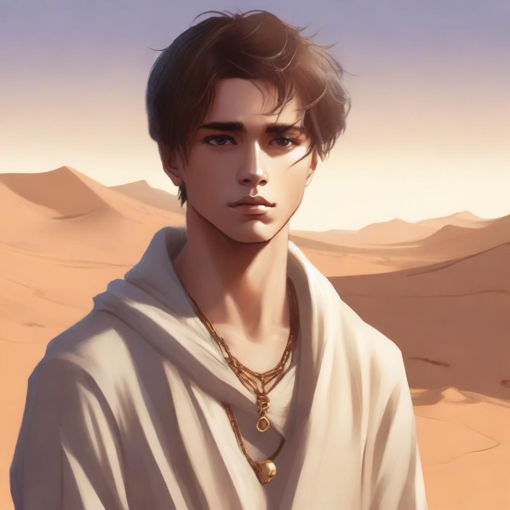 This is a high-quality digital art illustration for Chapter 1, 'The Sands of Destiny'