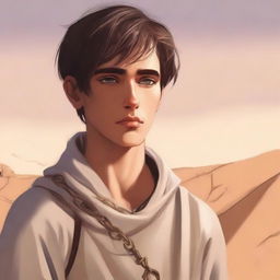 This is a high-quality digital art illustration for Chapter 1, 'The Sands of Destiny'
