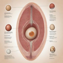 An anatomy diagram illustrating human reproduction, focusing on the scientific progression from egg fertilization to zygote development and eventually foetal growth.