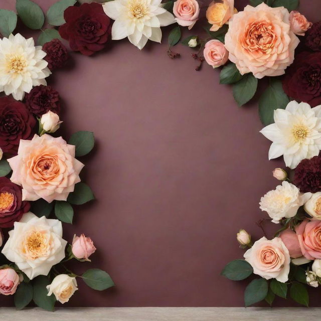 A stage background featuring an assortment of flowers in maroon, peach, and cream colors