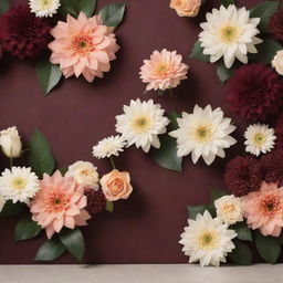 A stage background featuring an assortment of flowers in maroon, peach, and cream colors