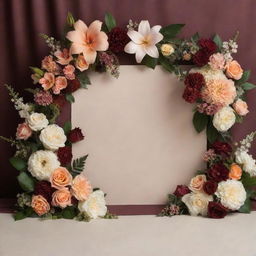 A stage background featuring an assortment of flowers in maroon, peach, and cream colors