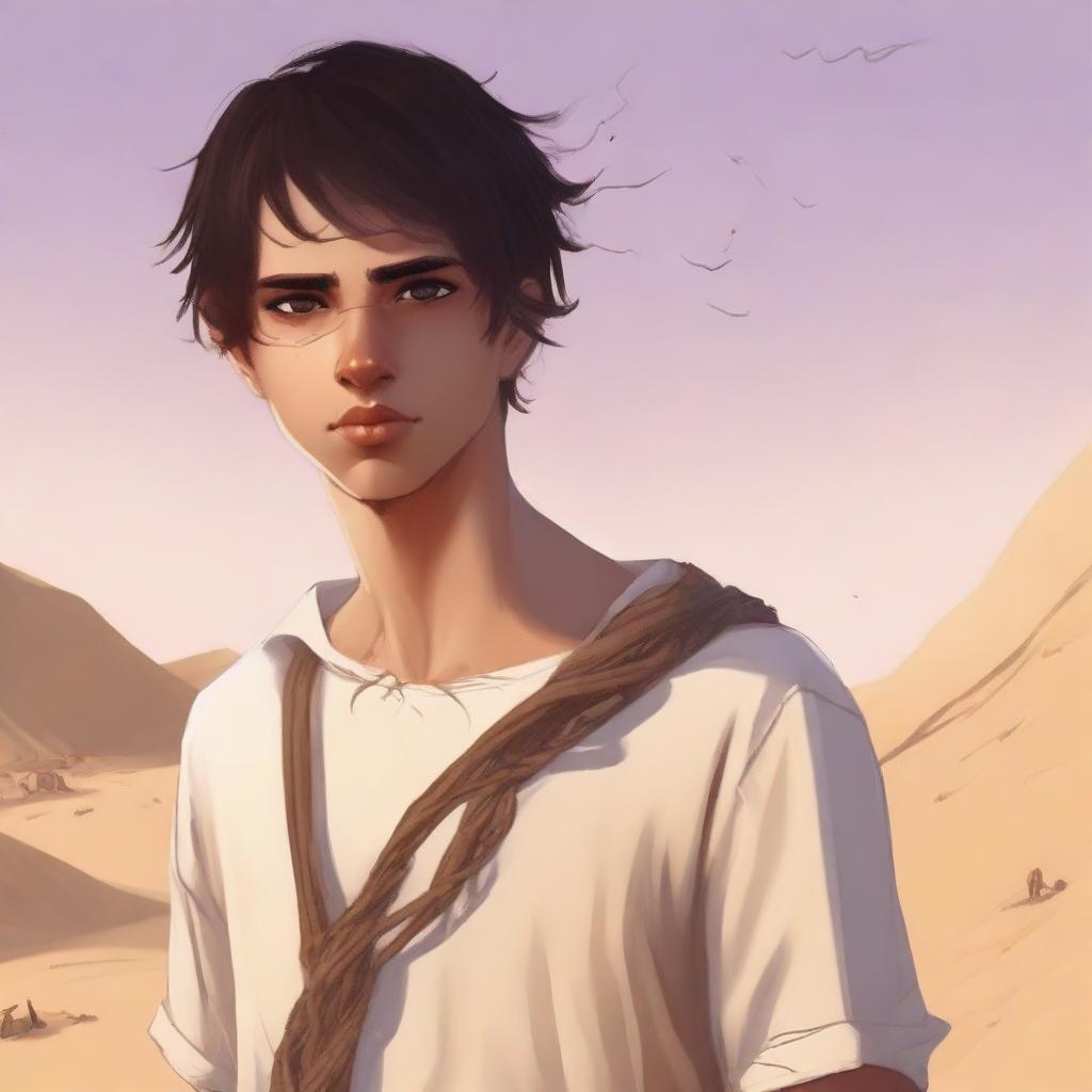 This is a high-quality digital art illustration for Chapter 1, 'The Sands of Destiny'