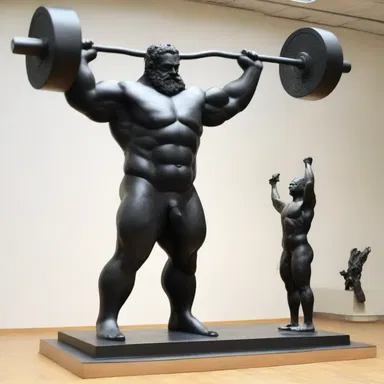 The sculpture depicted a figure weightlifting enormous iron weights, showcasing the strength and power.