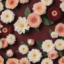 A stage background featuring an assortment of flowers in maroon, peach, and cream colors