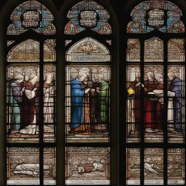 The cathedral's stunning stained glass windows depict scenes of holy orders.
