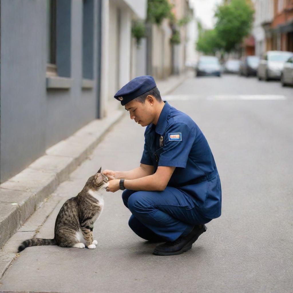 A ShopeeFood delivery driver in uniform squatting down to affectionately stroke a contented domestic cat on an urban sidewalk.