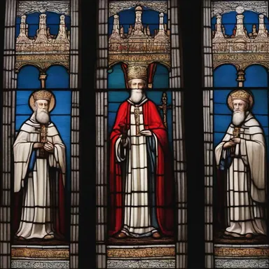 The cathedral's stunning stained glass windows depict scenes of holy orders.