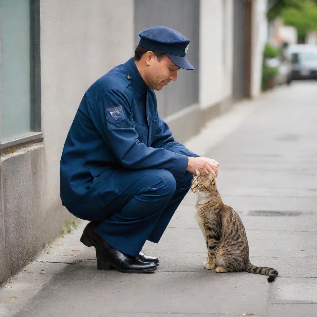 A ShopeeFood delivery driver in uniform squatting down to affectionately stroke a contented domestic cat on an urban sidewalk.