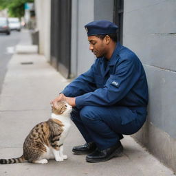 A ShopeeFood delivery driver in uniform squatting down to affectionately stroke a contented domestic cat on an urban sidewalk.