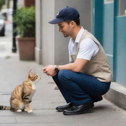 A ShopeeFood delivery driver in uniform squatting down to affectionately stroke a contented domestic cat on an urban sidewalk.