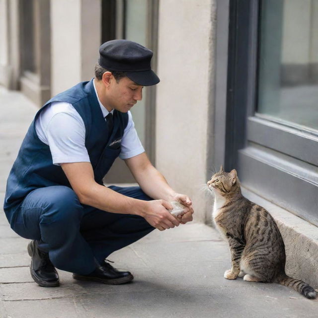 A ShopeeFood delivery driver in uniform squatting down to affectionately stroke a contented domestic cat on an urban sidewalk.