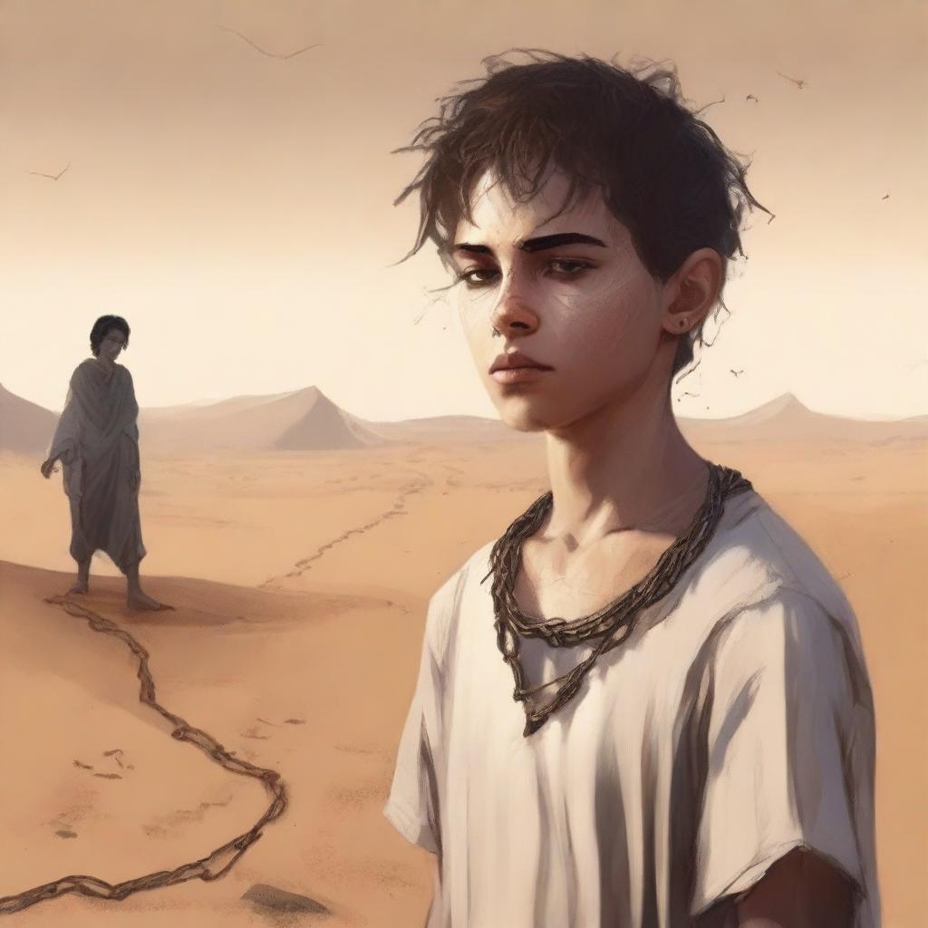 This is a deeply emotional digital art illustration for Chapter 1, 'The Sands of Destiny'