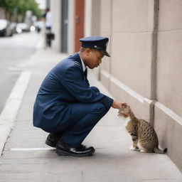 A ShopeeFood delivery driver in uniform squatting down to affectionately stroke a contented domestic cat on an urban sidewalk.