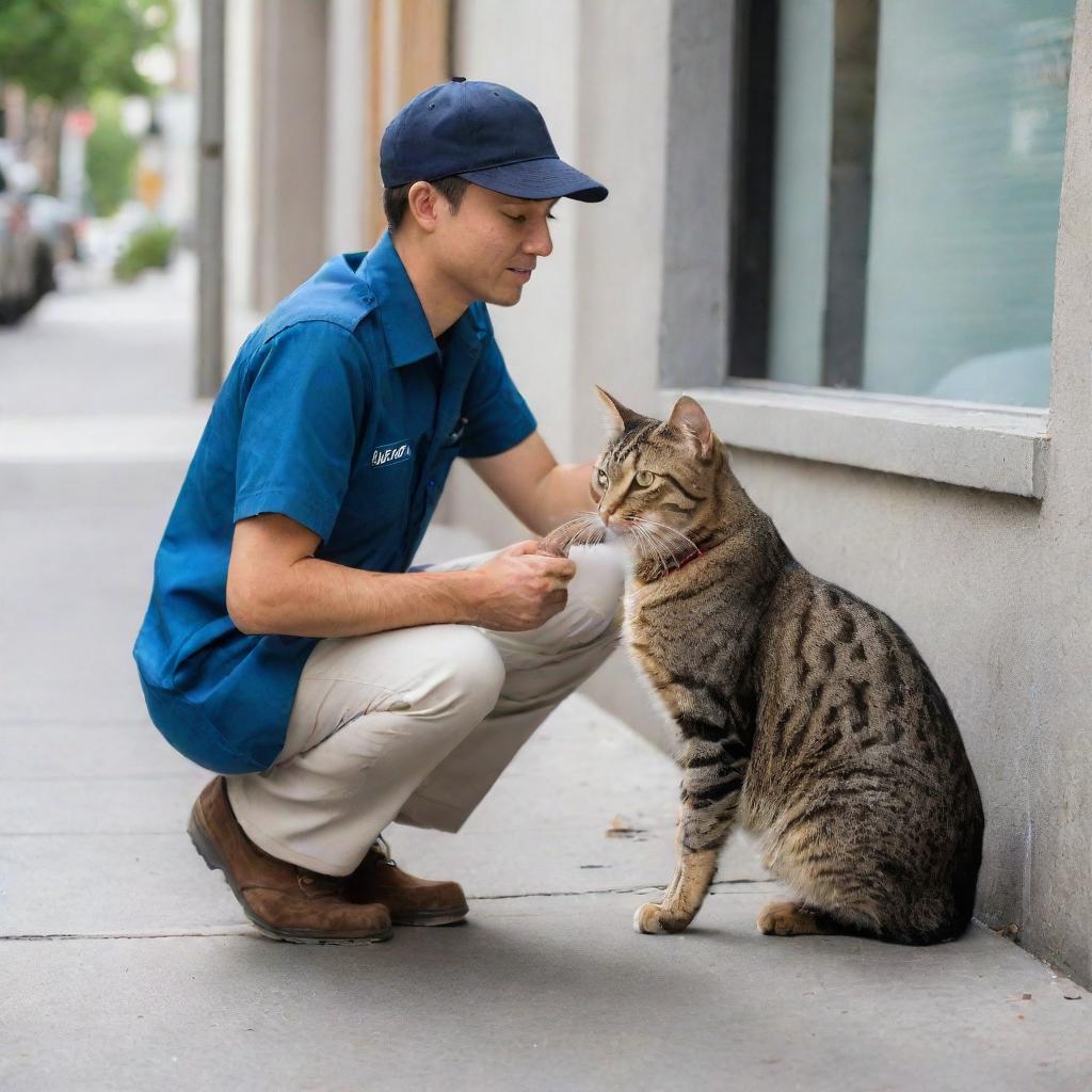 A ShopeeFood delivery driver in uniform squatting down to affectionately stroke a contented domestic cat on an urban sidewalk.