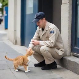 A ShopeeFood delivery driver in uniform squatting down to affectionately stroke a contented domestic cat on an urban sidewalk.