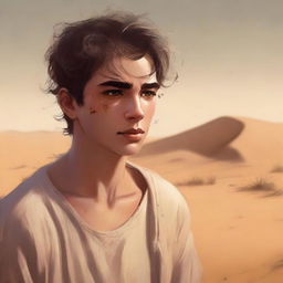 This is a deeply moving digital art illustration for Chapter 1, 'The Sands of Destiny'