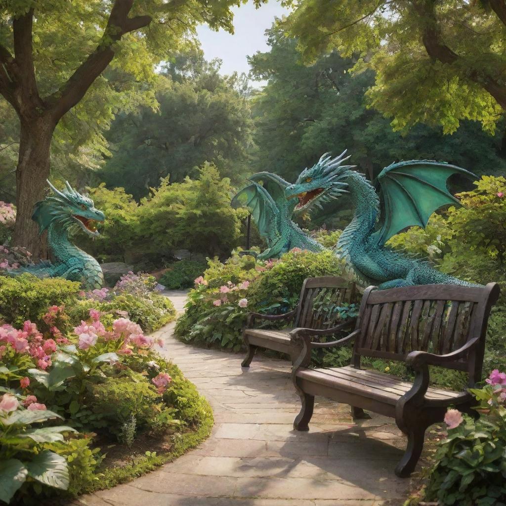 A majestic park filled with lush greenery, blooming flowers, and quaint park benches. Interwoven throughout this serene landscape, dragons of all sizes and colors roam freely, their scales glistening in the sunlight.