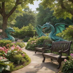 A majestic park filled with lush greenery, blooming flowers, and quaint park benches. Interwoven throughout this serene landscape, dragons of all sizes and colors roam freely, their scales glistening in the sunlight.