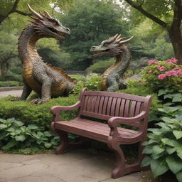 A majestic park filled with lush greenery, blooming flowers, and quaint park benches. Interwoven throughout this serene landscape, dragons of all sizes and colors roam freely, their scales glistening in the sunlight.