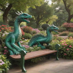 A majestic park filled with lush greenery, blooming flowers, and quaint park benches. Interwoven throughout this serene landscape, dragons of all sizes and colors roam freely, their scales glistening in the sunlight.