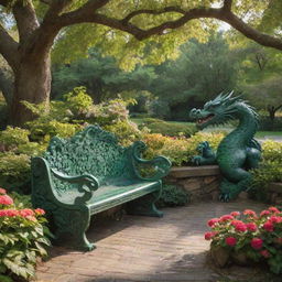 A majestic park filled with lush greenery, blooming flowers, and quaint park benches. Interwoven throughout this serene landscape, dragons of all sizes and colors roam freely, their scales glistening in the sunlight.