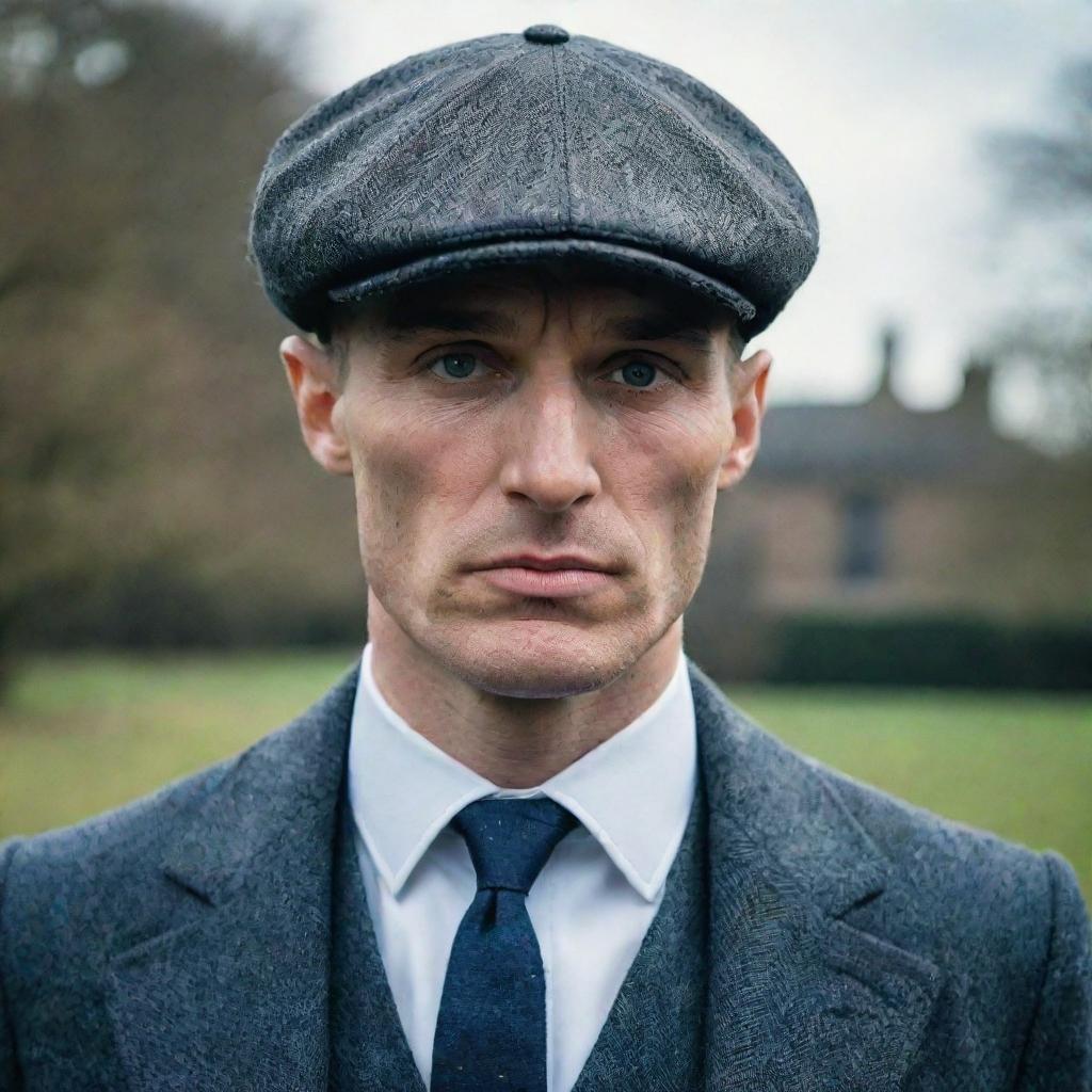 Thomas Shelby from Peaky Blinders in his signature tweed suit and flat cap, squinting his icy blue eyes underneath the brim. His razor-blade studded cap glints ominously in the dim light.