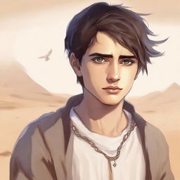 This is a high-quality digital art illustration for Chapter 1, 'The Sands of Destiny'