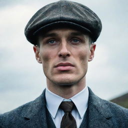 Thomas Shelby from Peaky Blinders in his signature tweed suit and flat cap, squinting his icy blue eyes underneath the brim. His razor-blade studded cap glints ominously in the dim light.