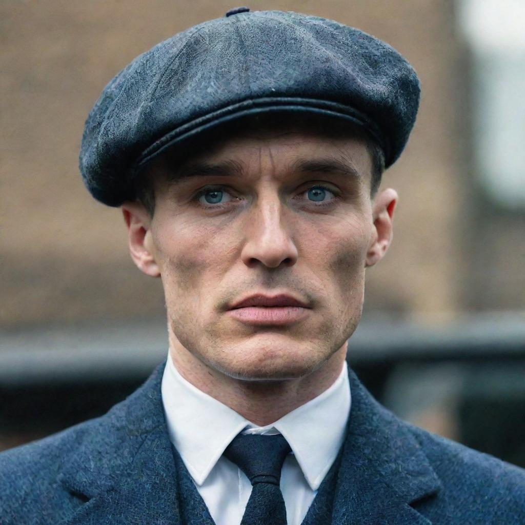 Thomas Shelby from Peaky Blinders in his signature tweed suit and flat cap, squinting his icy blue eyes underneath the brim. His razor-blade studded cap glints ominously in the dim light.