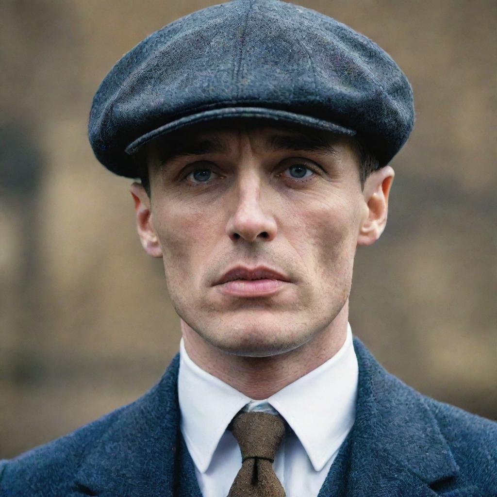 Thomas Shelby from Peaky Blinders in his signature tweed suit and flat cap, squinting his icy blue eyes underneath the brim. His razor-blade studded cap glints ominously in the dim light.