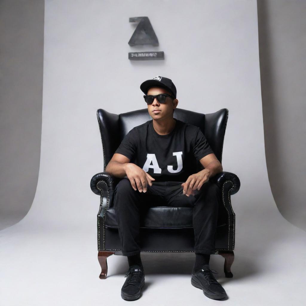 A 3D illusion of a casual boy dressed in a black shirt, wearing sneakers, a black cricket cap, and sunglasses seated comfortably on a wingback chair. He gazes straight ahead. The backdrop showcases the bold, uppercase white letters 'AJ Amarjeet'.